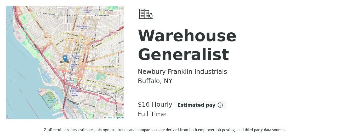 Newbury Franklin Industrials job posting for a Warehouse Generalist in Buffalo, NY with a salary of $17 Hourly with a map of Buffalo location.