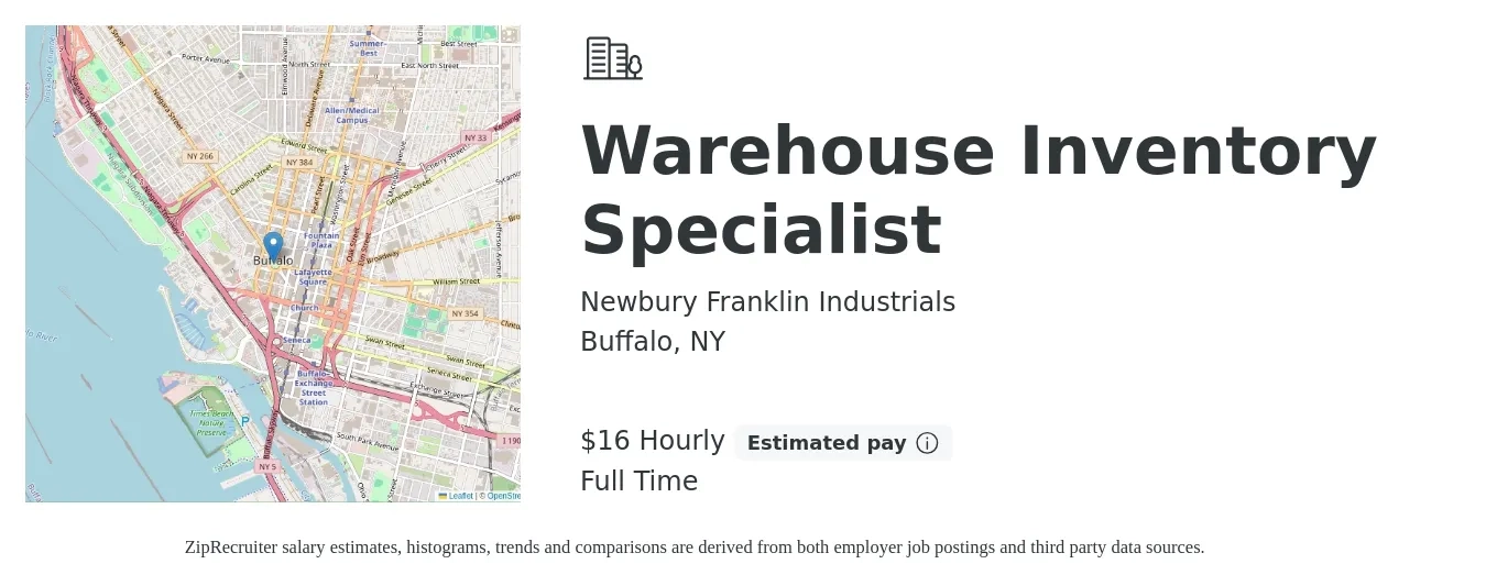 Newbury Franklin Industrials job posting for a Warehouse Inventory Specialist in Buffalo, NY with a salary of $17 Hourly with a map of Buffalo location.