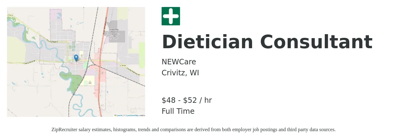 NEWCare job posting for a Dietician Consultant in Crivitz, WI with a salary of $50 to $55 Hourly with a map of Crivitz location.