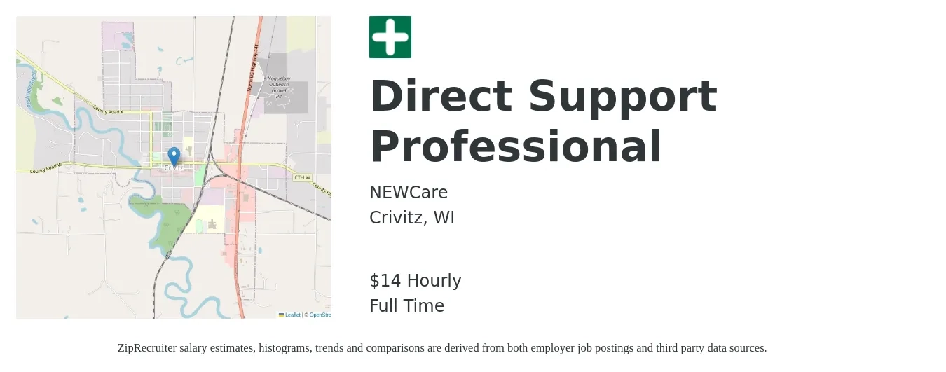 NEWCare job posting for a Direct Support Professional in Crivitz, WI with a salary of $15 Hourly with a map of Crivitz location.