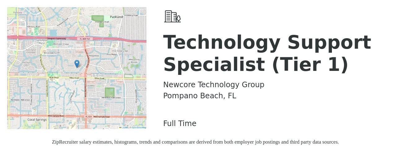 Newcore Technology Group job posting for a Technology Support Specialist (Tier 1) in Pompano Beach, FL with a salary of $25 to $26 Hourly with a map of Pompano Beach location.