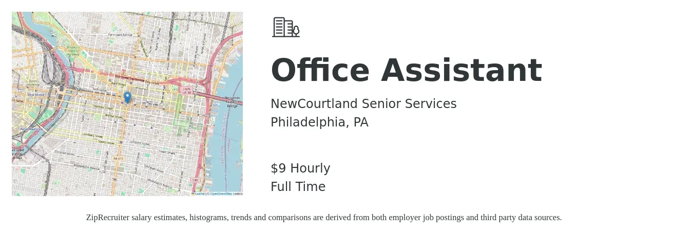 NewCourtland Senior Services job posting for a Office Assistant in Philadelphia, PA with a salary of $10 Hourly with a map of Philadelphia location.
