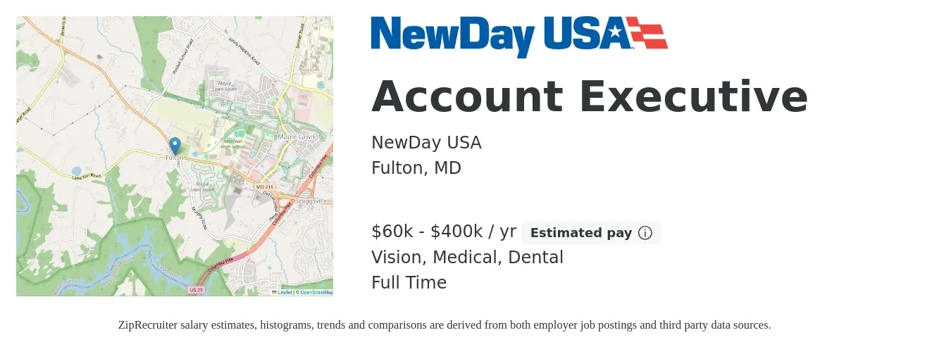 NewDay USA job posting for a Account Executive in Fulton, MD with a salary of $60,000 to $400,000 Yearly (plus commission) and benefits including dental, life_insurance, medical, retirement, and vision with a map of Fulton location.