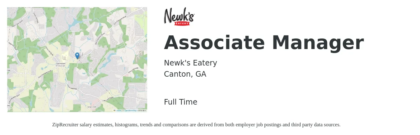 Newk's Eatery job posting for a Associate Manager in Canton, GA with a salary of $15 to $26 Hourly with a map of Canton location.