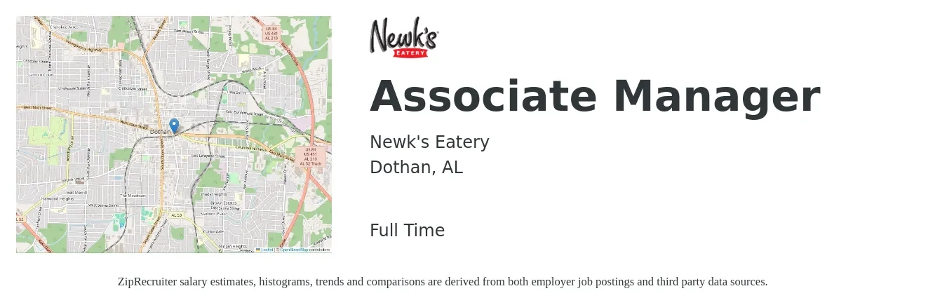 Newk's Eatery job posting for a Associate Manager in Dothan, AL with a salary of $16 to $28 Hourly with a map of Dothan location.