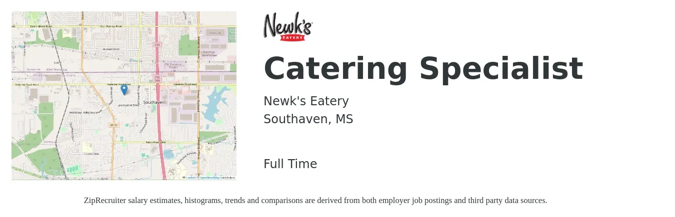 Newk's Eatery job posting for a Catering Specialist in Southaven, MS with a salary of $13 to $17 Hourly with a map of Southaven location.