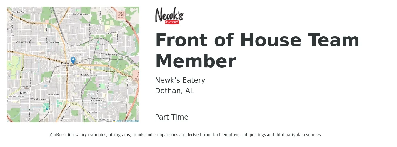 Newk's Eatery job posting for a Front of House Team Member in Dothan, AL with a salary of $14 to $26 Hourly with a map of Dothan location.