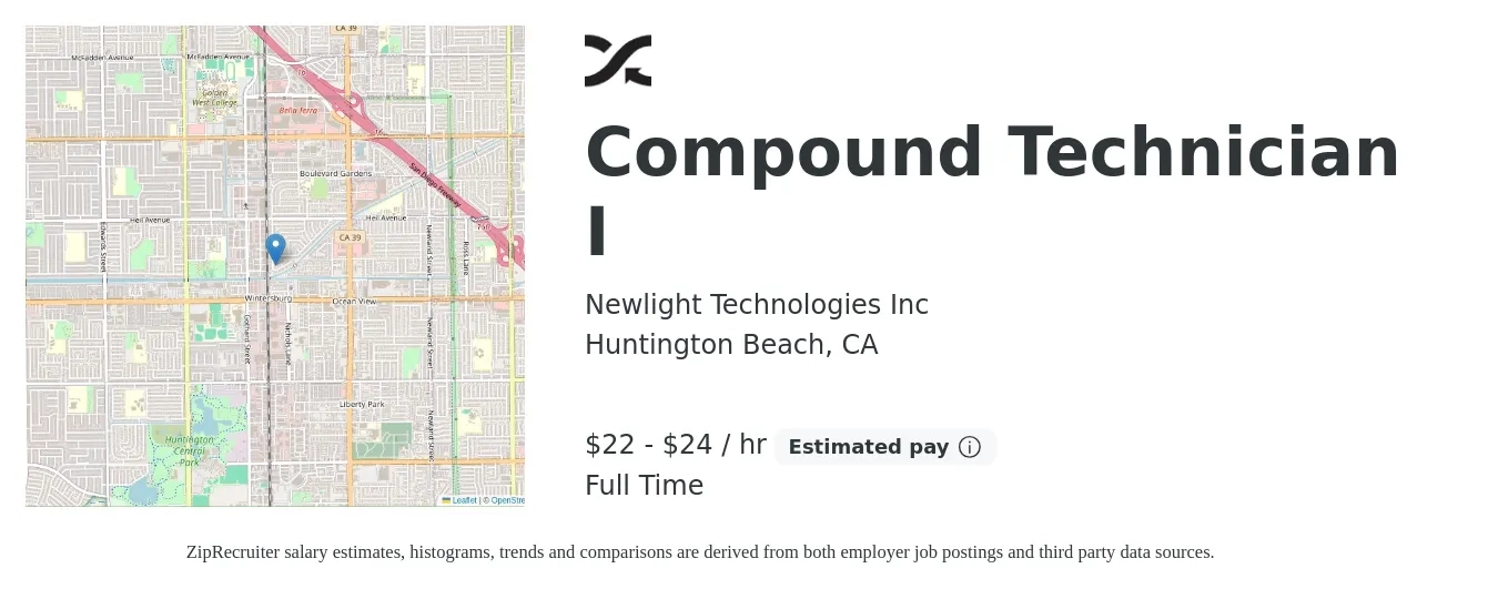 Newlight Technologies Inc job posting for a Compound Technician I in Huntington Beach, CA with a salary of $23 to $25 Hourly with a map of Huntington Beach location.