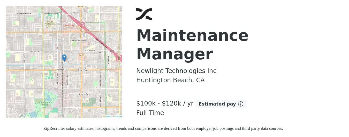 Newlight Technologies Inc job posting for a Maintenance Manager in Huntington Beach, CA with a salary of $100,000 to $120,000 Yearly with a map of Huntington Beach location.