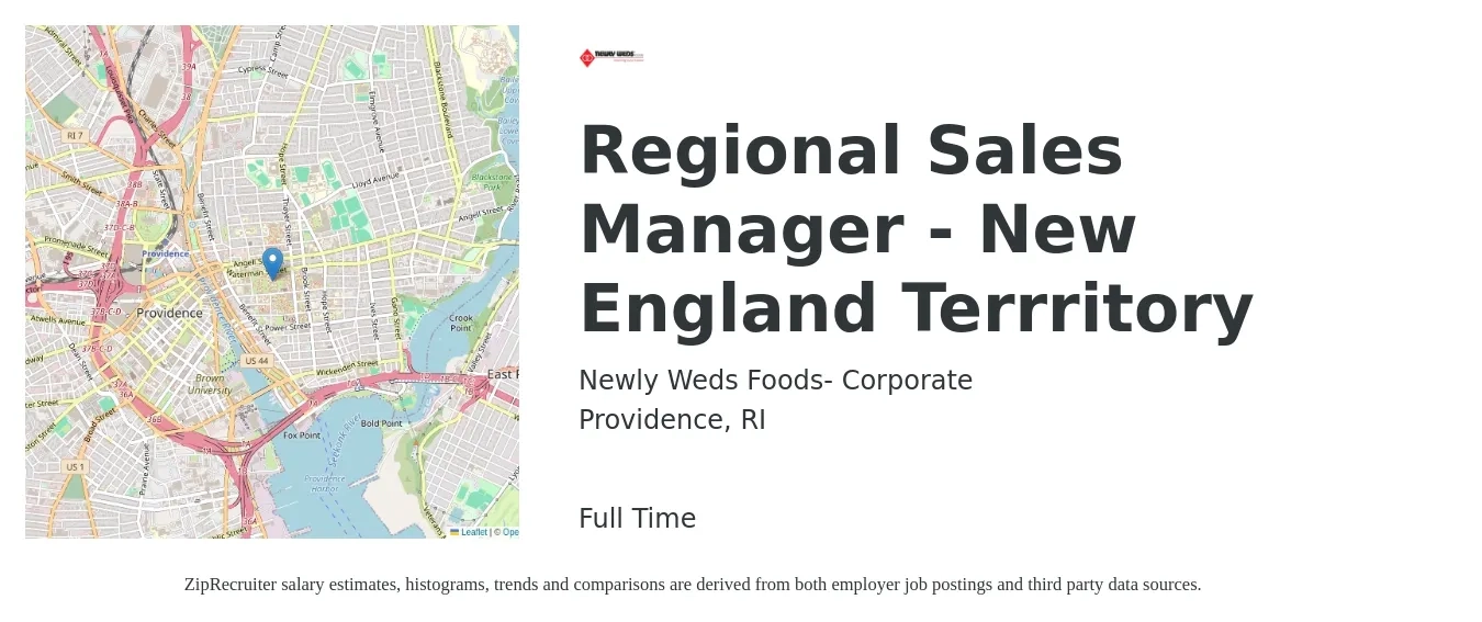 Newly Weds Foods- Corporate job posting for a Regional Sales Manager - New England Terrritory in Providence, RI with a salary of $72,700 to $113,700 Yearly with a map of Providence location.