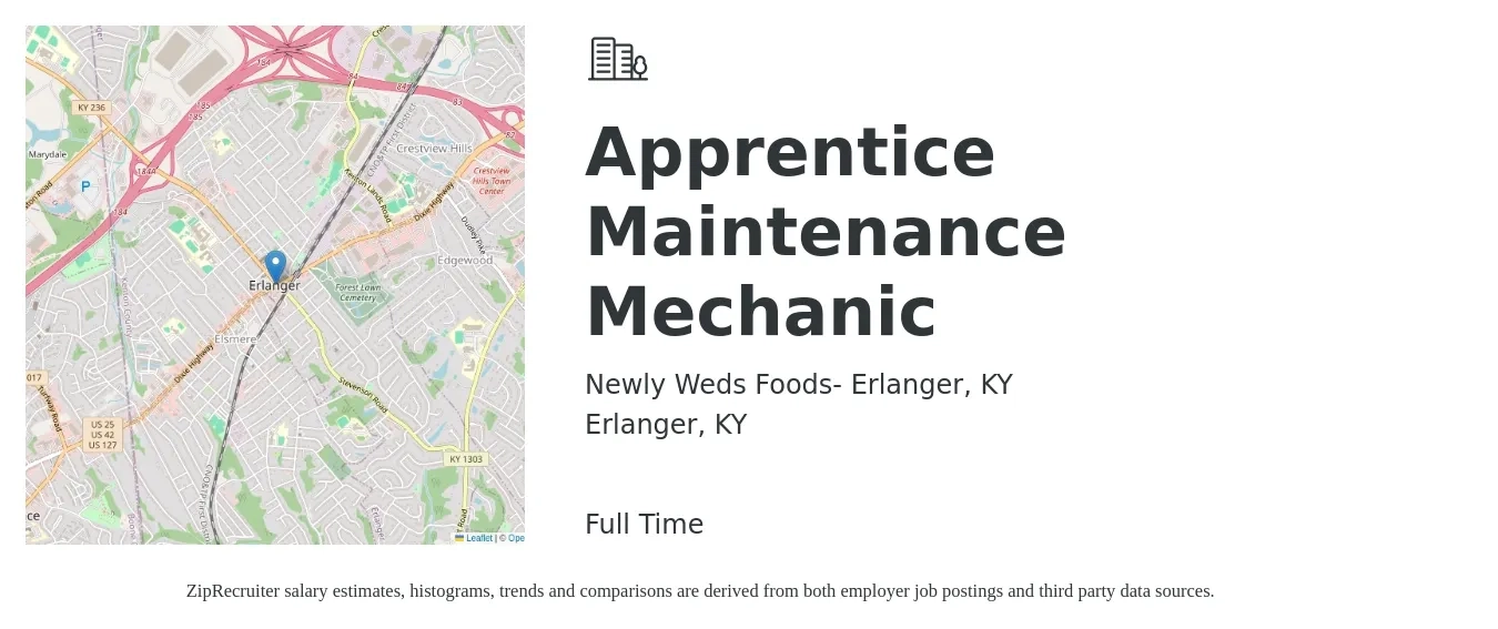Newly Weds Foods- Erlanger, KY job posting for a Apprentice Maintenance Mechanic in Erlanger, KY with a salary of $25 to $32 Hourly with a map of Erlanger location.