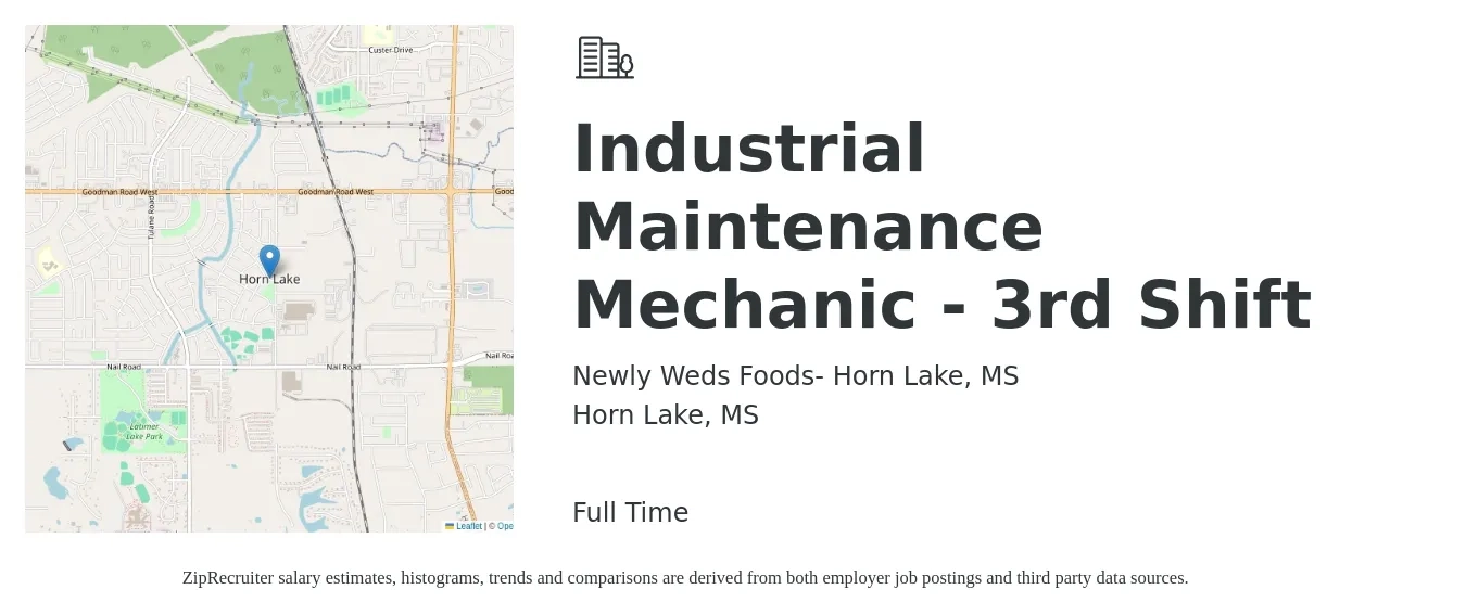 Newly Weds Foods- Horn Lake, MS job posting for a Industrial Maintenance Mechanic - 3rd Shift in Horn Lake, MS with a salary of $24 to $30 Hourly with a map of Horn Lake location.