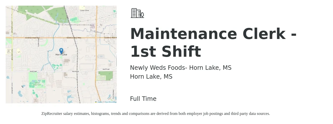 Newly Weds Foods- Horn Lake, MS job posting for a Maintenance Clerk - 1st Shift in Horn Lake, MS with a salary of $16 to $19 Hourly with a map of Horn Lake location.