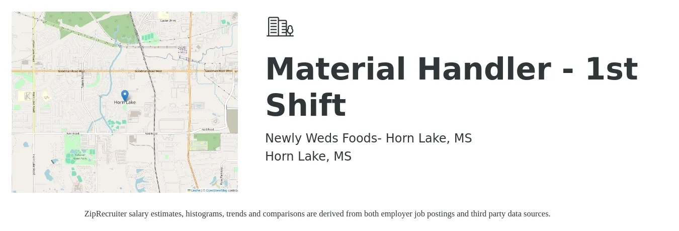 Newly Weds Foods- Horn Lake, MS job posting for a Material Handler - 1st Shift in Horn Lake, MS with a salary of $16 to $19 Hourly with a map of Horn Lake location.