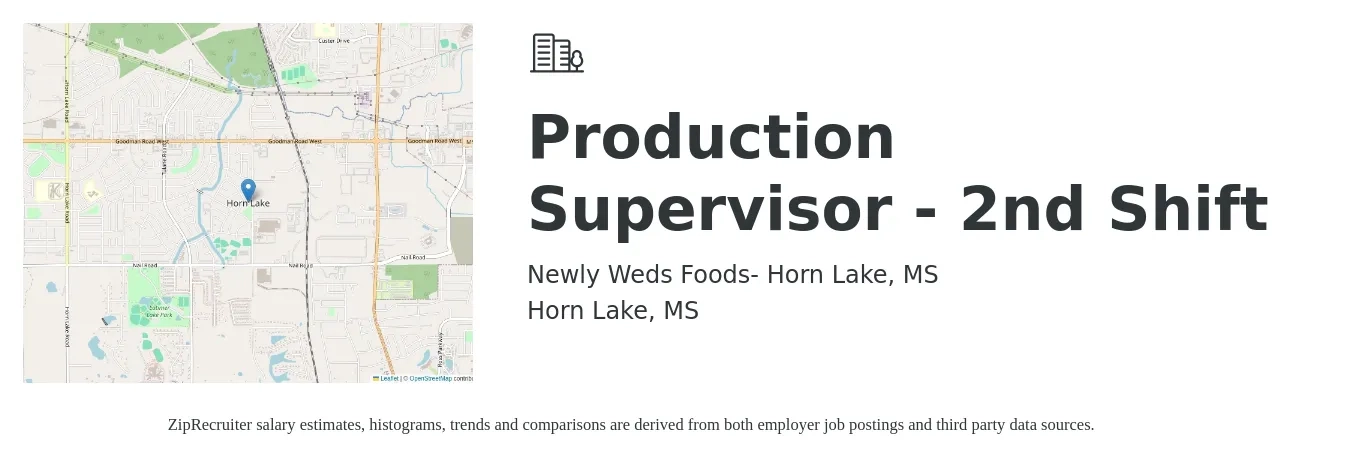 Newly Weds Foods- Horn Lake, MS job posting for a Production Supervisor - 2nd Shift in Horn Lake, MS with a salary of $50,300 to $68,200 Yearly with a map of Horn Lake location.