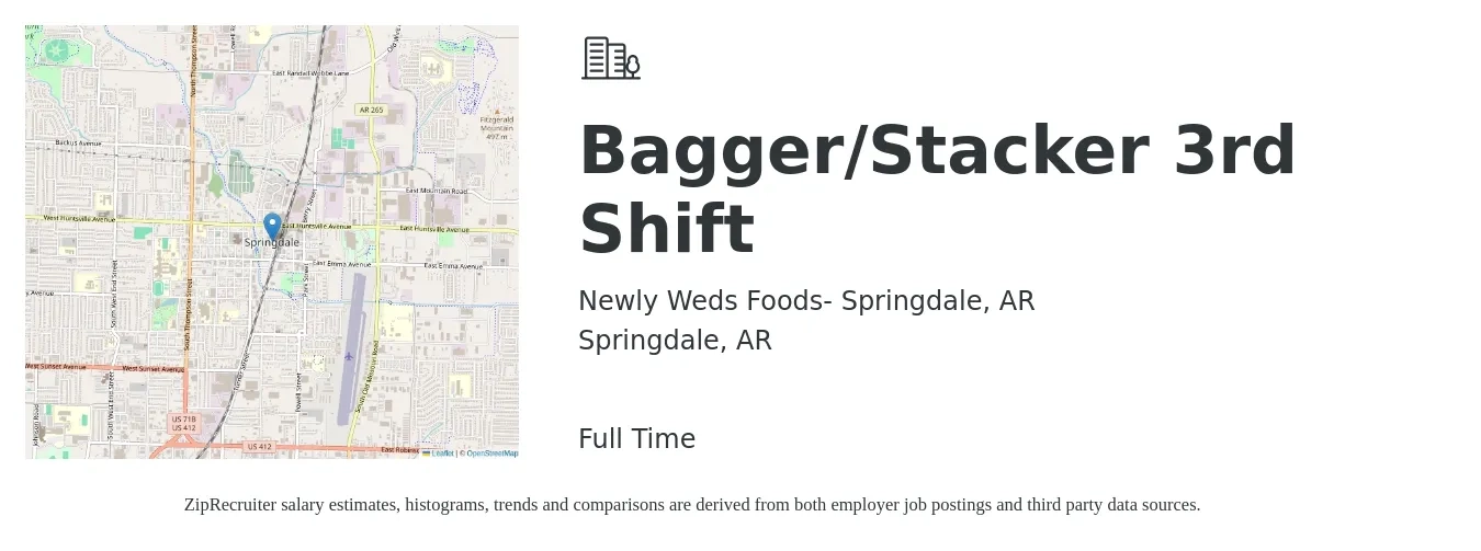 Newly Weds Foods- Springdale, AR job posting for a Bagger/Stacker 3rd Shift in Springdale, AR with a salary of $14 to $16 Hourly with a map of Springdale location.
