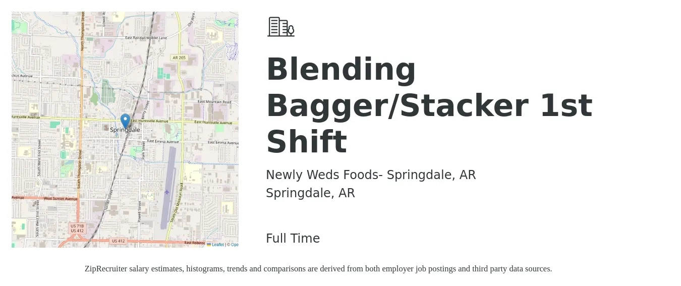Newly Weds Foods- Springdale, AR job posting for a Blending Bagger/Stacker 1st Shift in Springdale, AR with a salary of $13 to $16 Hourly with a map of Springdale location.