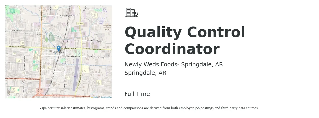 Newly Weds Foods- Springdale, AR job posting for a Quality Control Coordinator in Springdale, AR with a salary of $18 to $24 Hourly with a map of Springdale location.