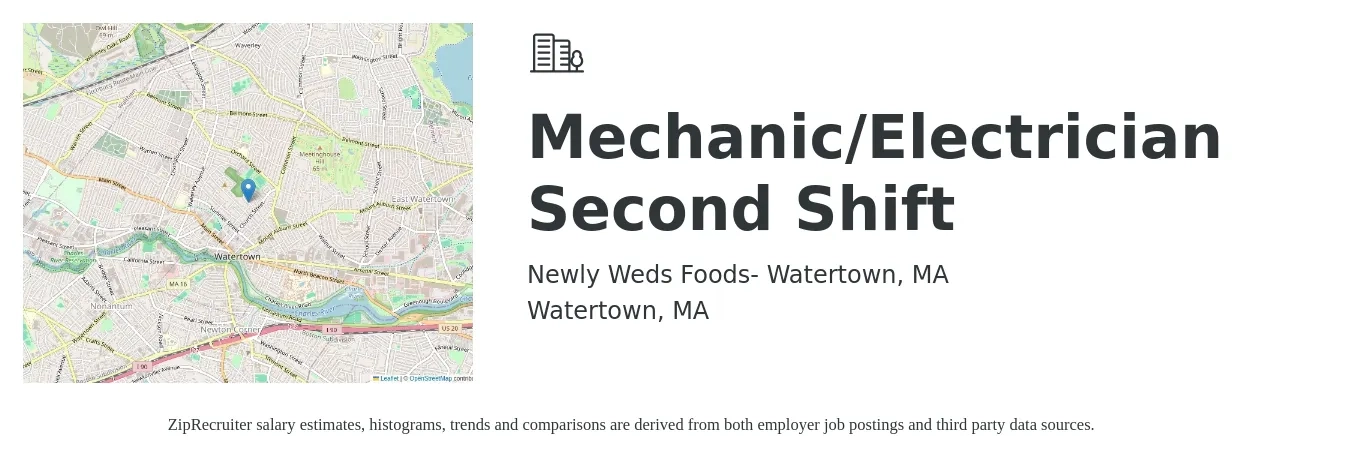 Newly Weds Foods- Watertown, MA job posting for a Mechanic/Electrician Second Shift in Watertown, MA with a salary of $29 to $36 Hourly with a map of Watertown location.