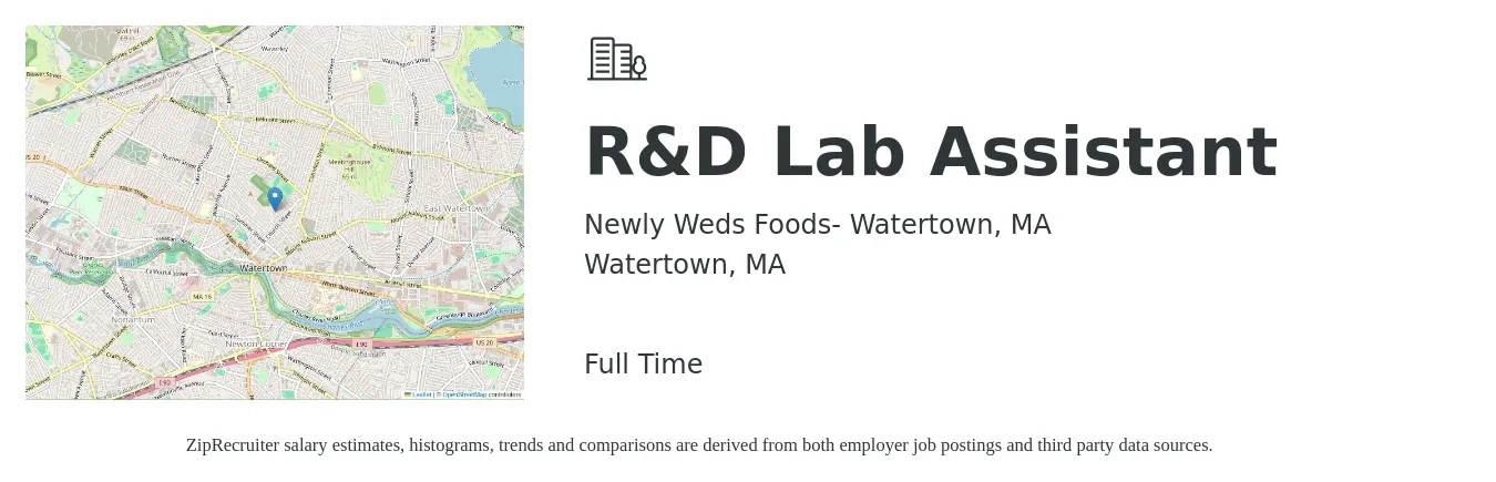 Newly Weds Foods- Watertown, MA job posting for a R&D Lab Assistant in Watertown, MA with a salary of $19 to $26 Hourly with a map of Watertown location.