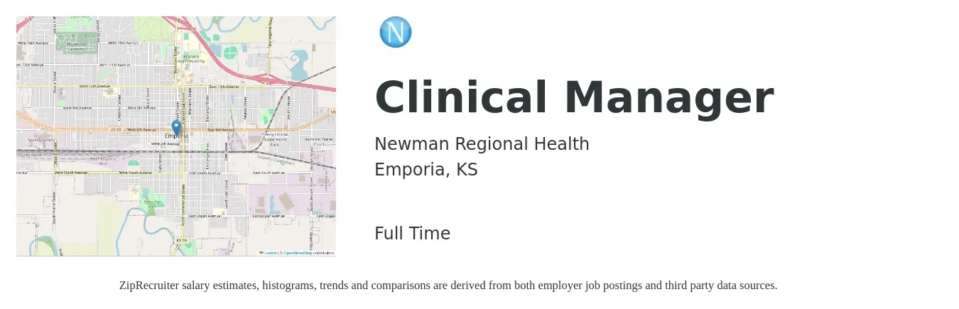 Newman Regional Health job posting for a Clinical Manager in Emporia, KS with a salary of $53,300 to $73,700 Yearly with a map of Emporia location.