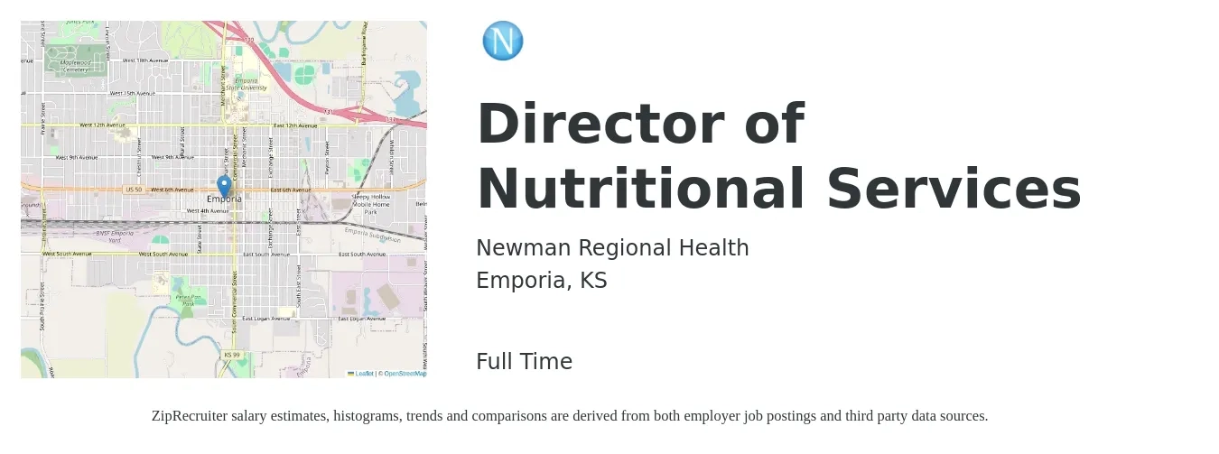 Newman Regional Health job posting for a Director of Nutritional Services in Emporia, KS with a salary of $21 to $44 Hourly with a map of Emporia location.