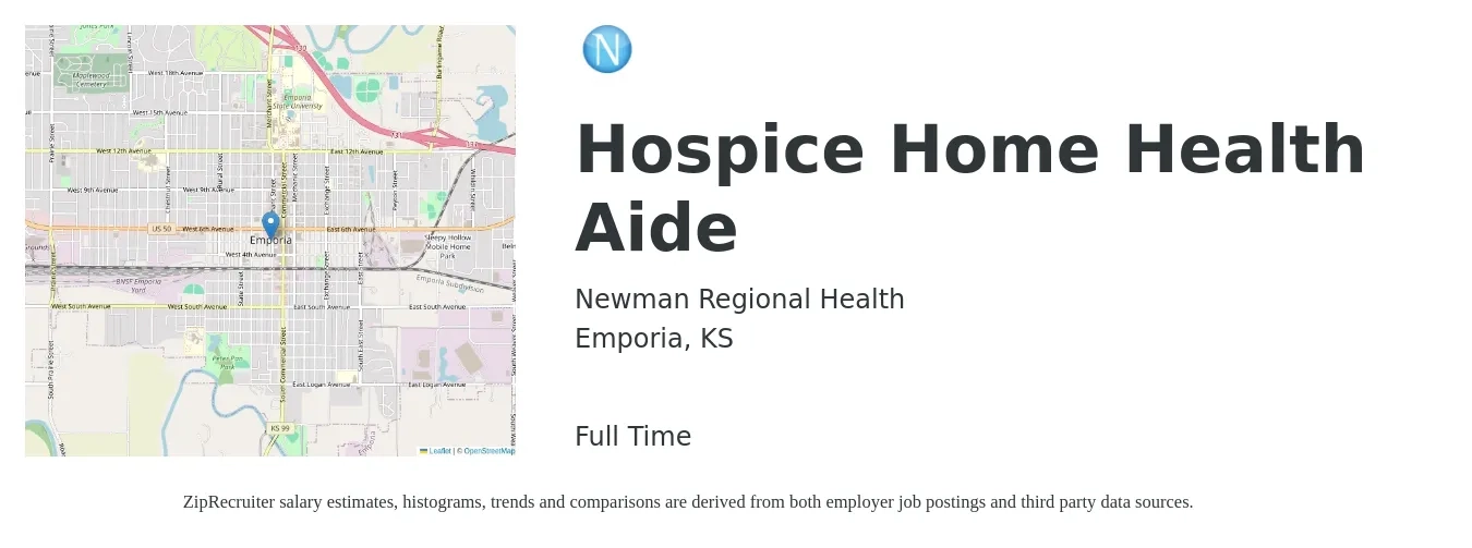 Newman Regional Health job posting for a Hospice Home Health Aide in Emporia, KS with a salary of $15 to $18 Hourly with a map of Emporia location.