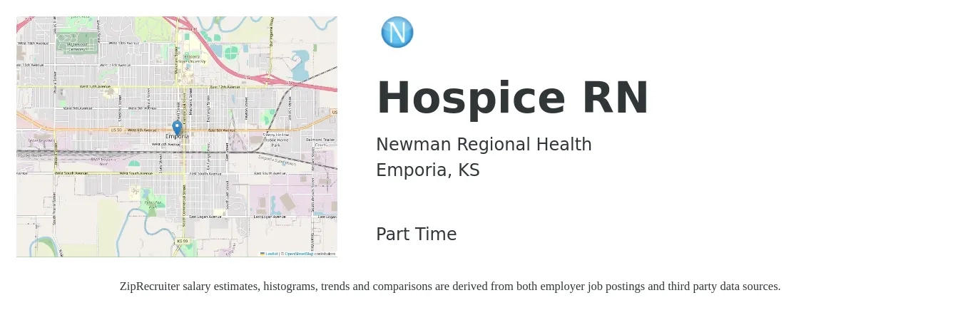 Newman Regional Health job posting for a Hospice RN in Emporia, KS with a salary of $1,300 to $1,890 Weekly with a map of Emporia location.