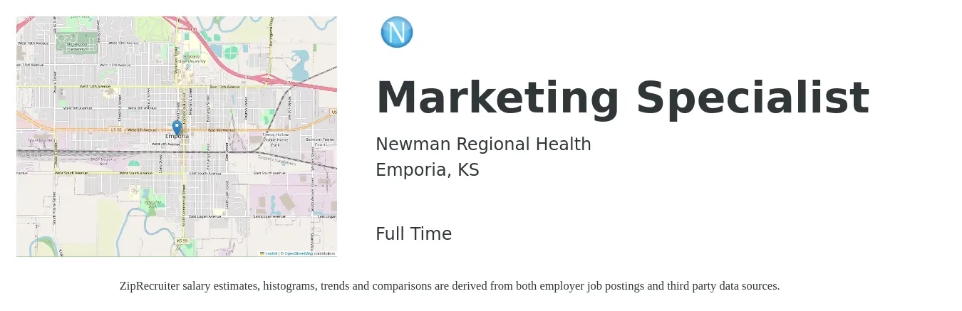 Newman Regional Health job posting for a Marketing Specialist in Emporia, KS with a salary of $39,600 to $58,300 Yearly with a map of Emporia location.