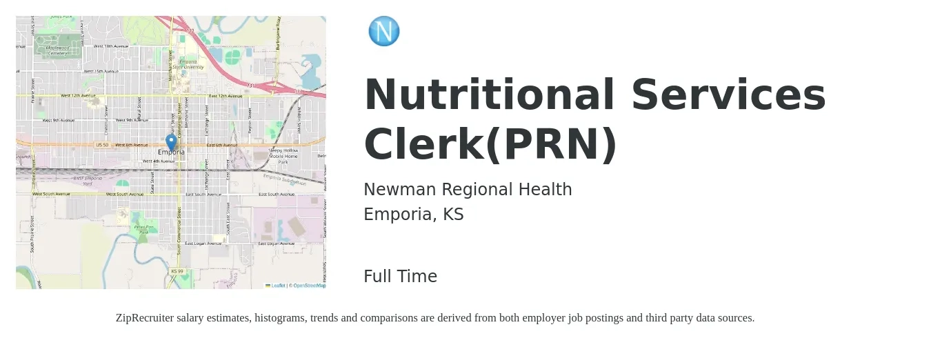 Newman Regional Health job posting for a Nutritional Services Clerk(PRN) in Emporia, KS with a salary of $12 to $15 Hourly with a map of Emporia location.