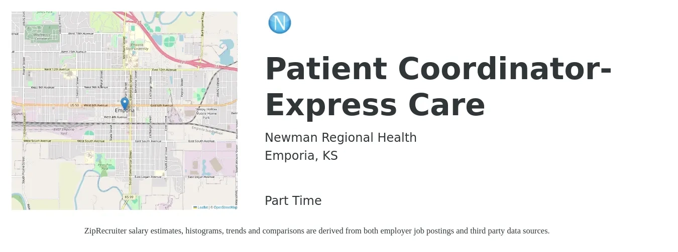 Newman Regional Health job posting for a Patient Coordinator-Express Care in Emporia, KS with a salary of $14 to $19 Hourly with a map of Emporia location.