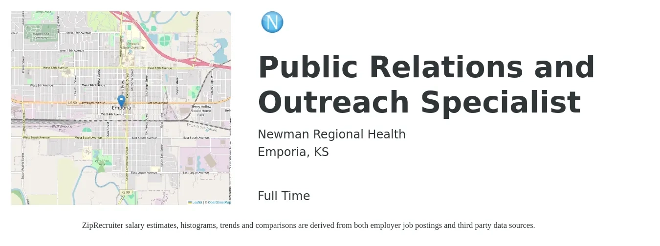 Newman Regional Health job posting for a Public Relations and Outreach Specialist in Emporia, KS with a salary of $43,300 to $61,600 Yearly with a map of Emporia location.