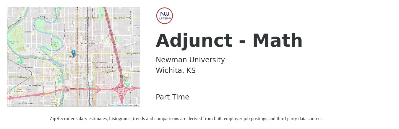 Newman University job posting for a Adjunct - Math in Wichita, KS with a salary of $27 to $46 Hourly with a map of Wichita location.