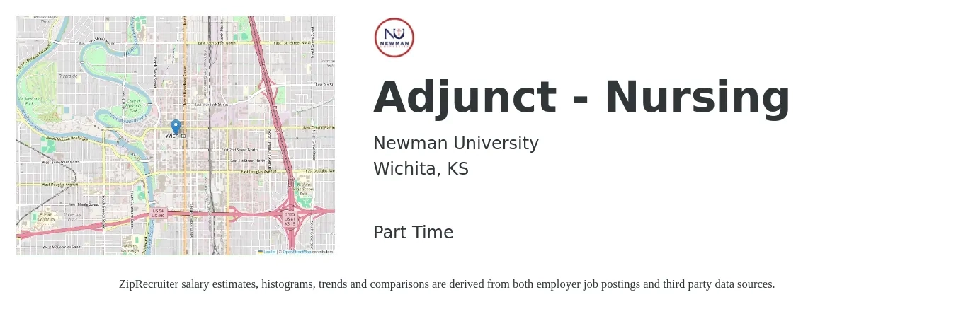Newman University job posting for a Adjunct - Nursing in Wichita, KS with a salary of $33 to $63 Hourly with a map of Wichita location.