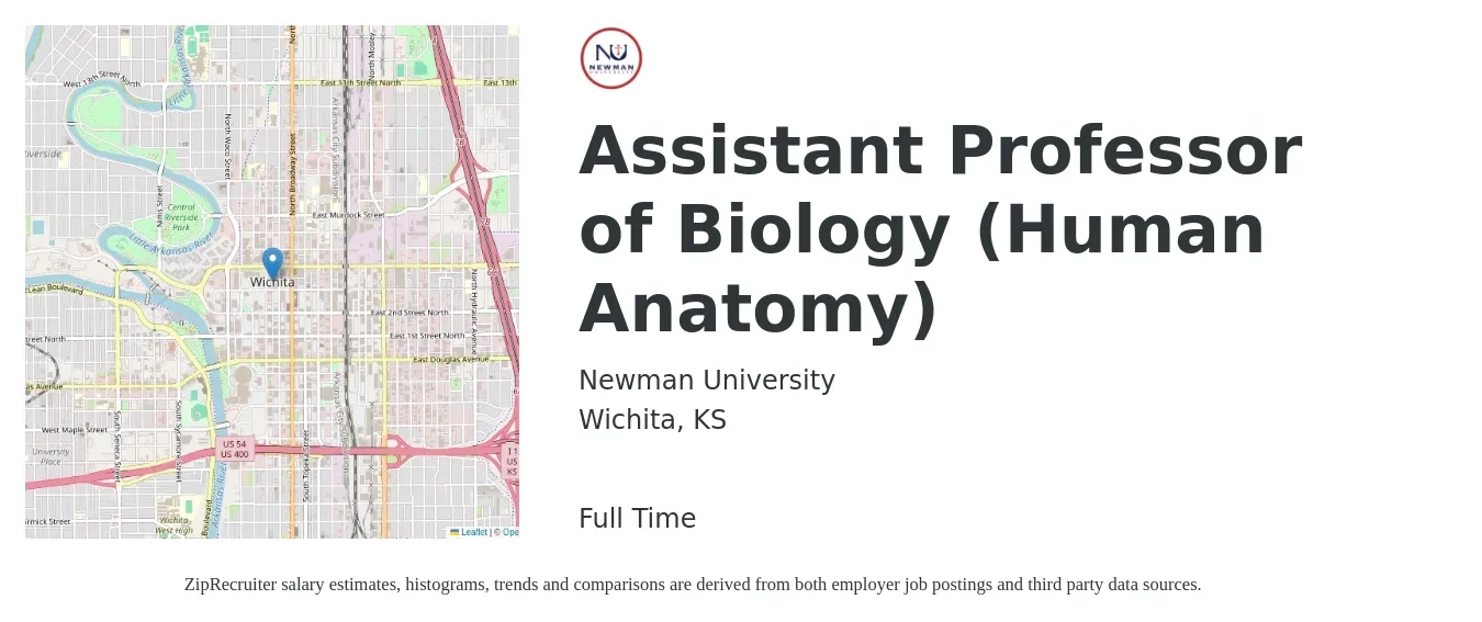 Newman University job posting for a Assistant Professor of Biology (Human Anatomy) in Wichita, KS with a salary of $44,500 to $60,000 Yearly with a map of Wichita location.