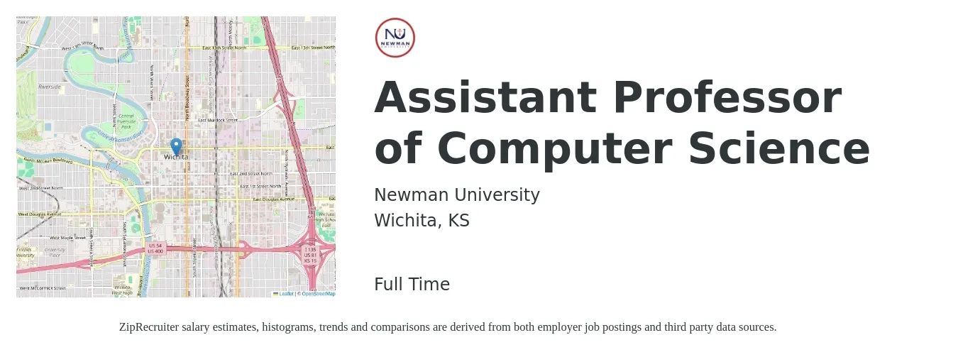 Newman University job posting for a Assistant Professor of Computer Science in Wichita, KS with a salary of $53,800 to $82,000 Yearly with a map of Wichita location.