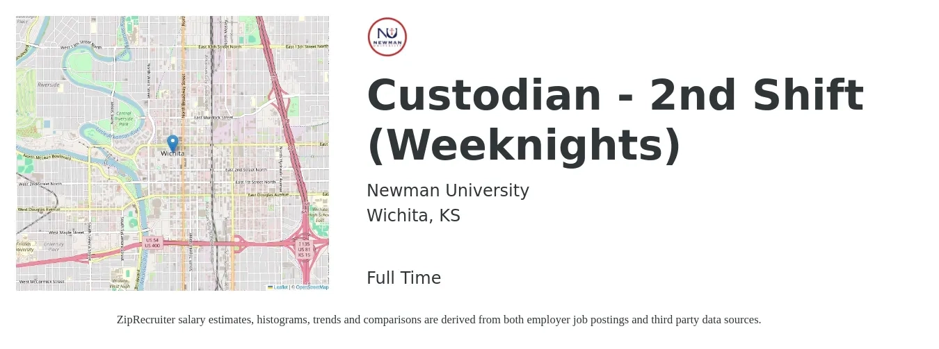 Newman University job posting for a Custodian - 2nd Shift (Weeknights) in Wichita, KS with a salary of $13 to $16 Hourly with a map of Wichita location.
