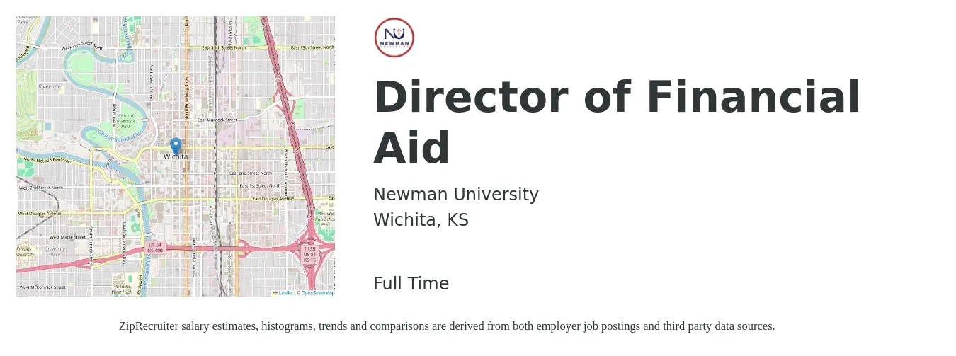 Newman University job posting for a Director of Financial Aid in Wichita, KS with a salary of $55,500 to $98,600 Yearly with a map of Wichita location.