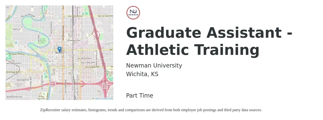 Newman University job posting for a Graduate Assistant - Athletic Training in Wichita, KS with a salary of $2,000 Monthly with a map of Wichita location.