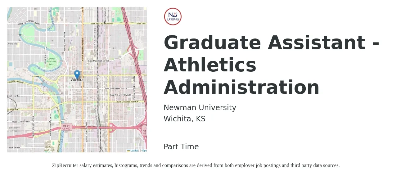 Newman University job posting for a Graduate Assistant - Athletics Administration in Wichita, KS with a salary of $14 to $20 Hourly with a map of Wichita location.