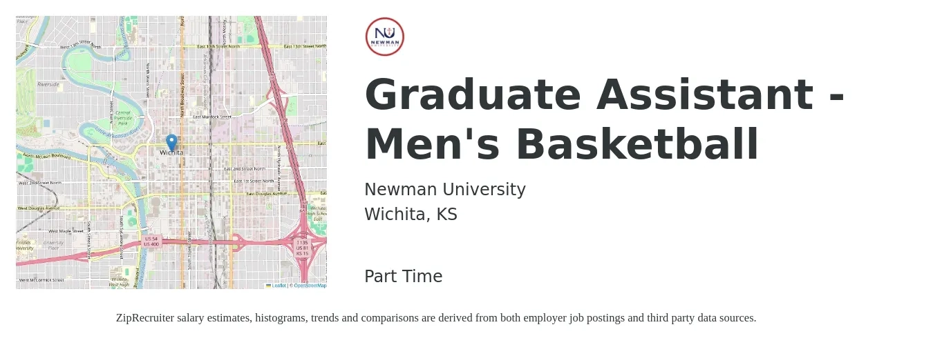 Newman University job posting for a Graduate Assistant - Men's Basketball in Wichita, KS with a salary of $14 to $20 Hourly with a map of Wichita location.