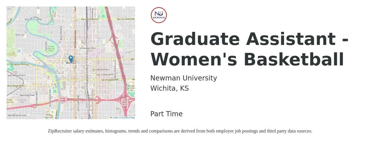 Newman University job posting for a Graduate Assistant - Women's Basketball in Wichita, KS with a salary of $14 to $20 Hourly with a map of Wichita location.