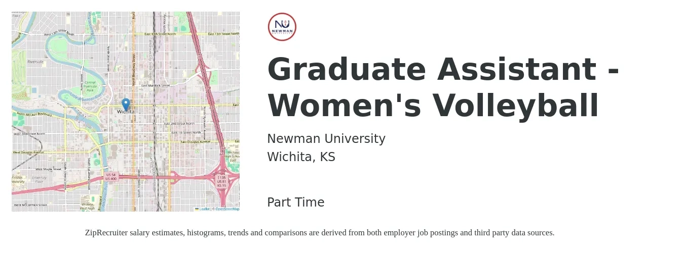 Newman University job posting for a Graduate Assistant - Women's Volleyball in Wichita, KS with a salary of $14 to $20 Hourly with a map of Wichita location.