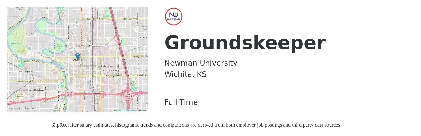 Newman University job posting for a Groundskeeper in Wichita, KS with a salary of $14 to $18 Hourly with a map of Wichita location.
