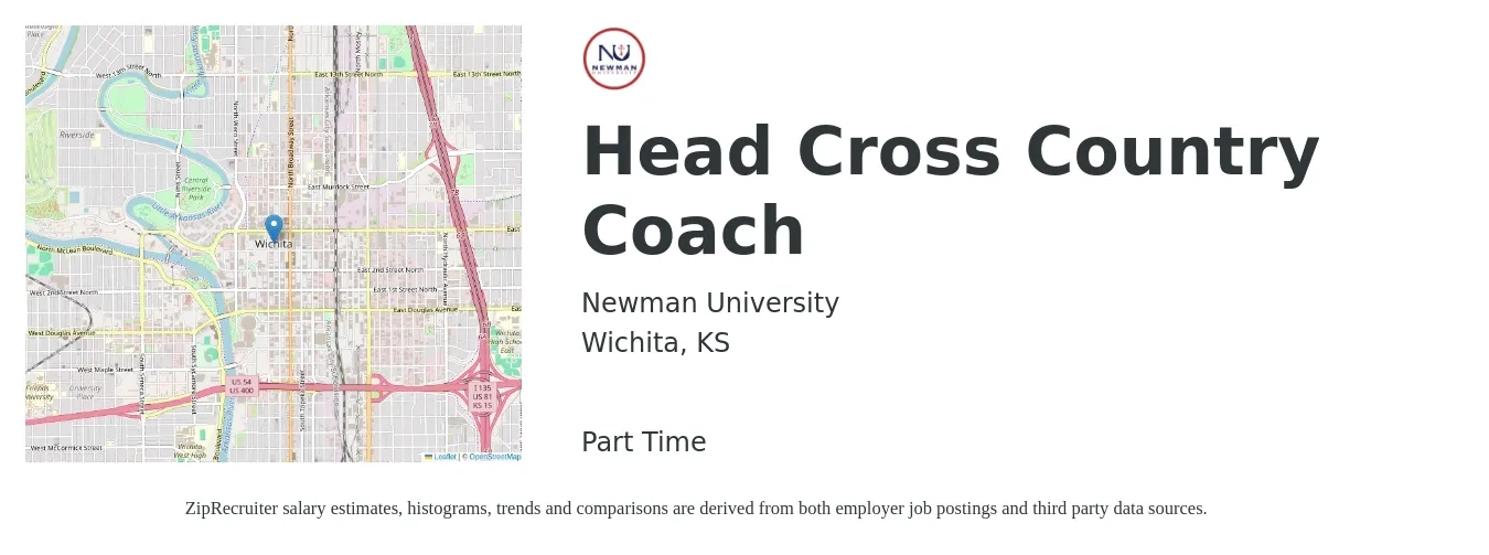 Newman University job posting for a Head Cross Country Coach in Wichita, KS with a salary of $14,000 to $16,000 Yearly with a map of Wichita location.