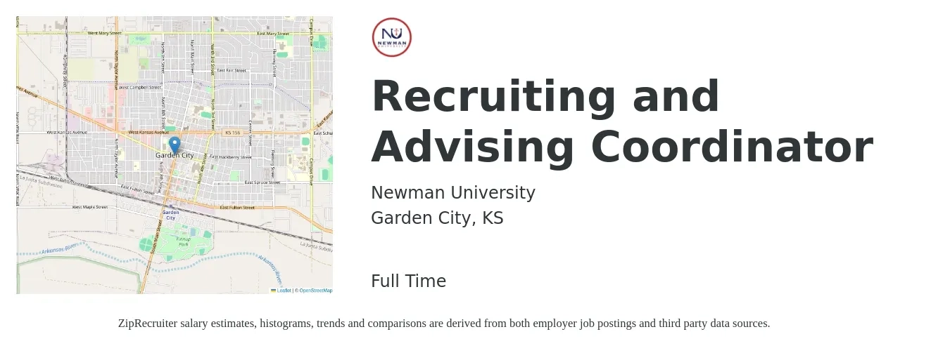 Newman University job posting for a Recruiting and Advising Coordinator in Garden City, KS with a salary of $17 to $23 Hourly with a map of Garden City location.