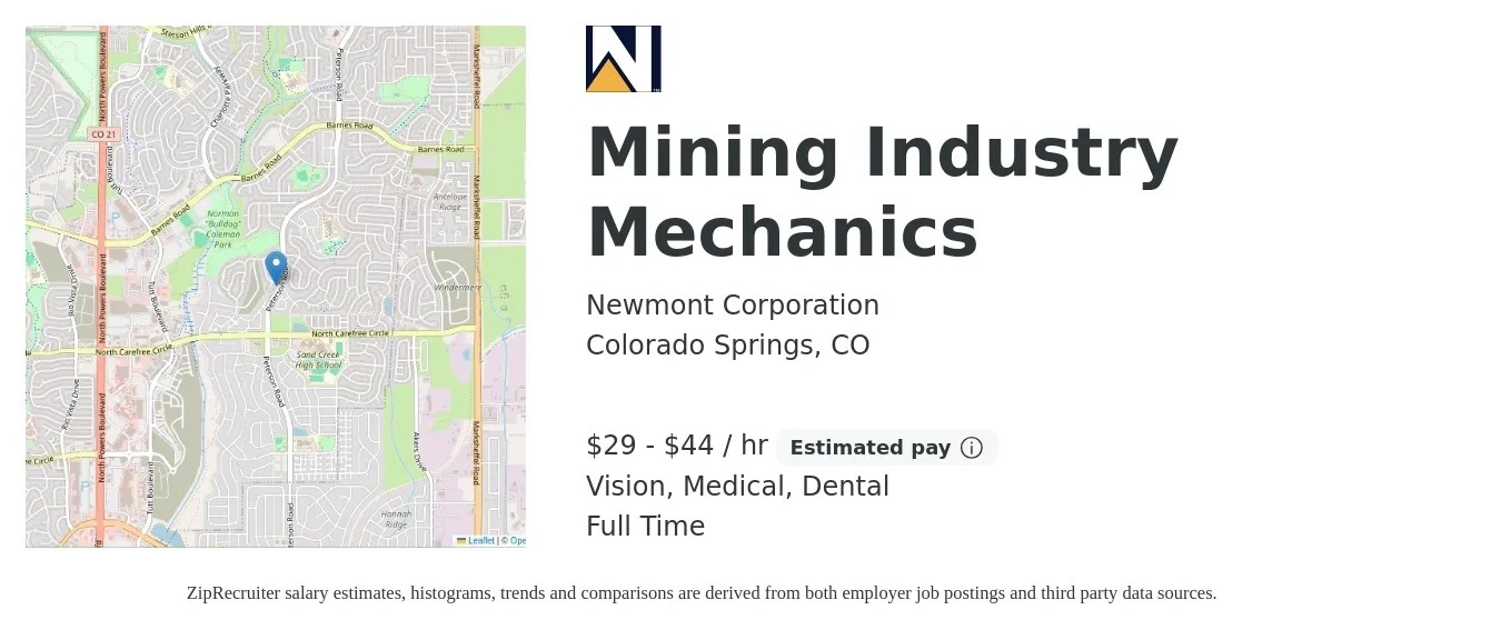 Newmont Corporation job posting for a Mining Industry Mechanics in Colorado Springs, CO with a salary of $31 to $46 Hourly (plus commission) and benefits including vision, dental, life_insurance, medical, and retirement with a map of Colorado Springs location.