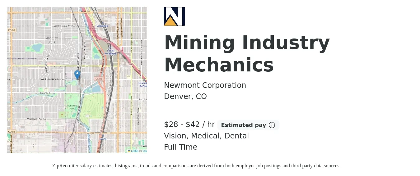 Newmont Corporation job posting for a Mining Industry Mechanics in Denver, CO with a salary of $30 to $44 Hourly (plus commission) and benefits including medical, retirement, vision, dental, and life_insurance with a map of Denver location.