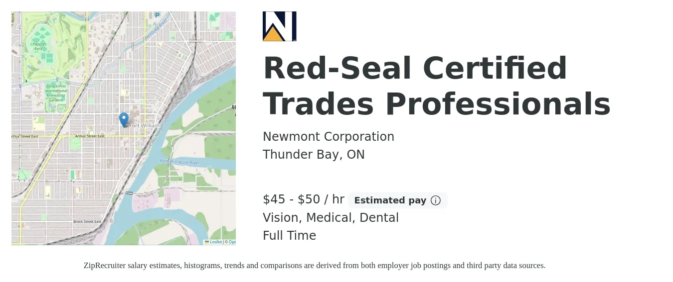 Newmont Corporation job posting for a Red-Seal Certified Trades Professionals in Thunder Bay, ON with a salary of $47 to $52 Hourly and benefits including dental, life_insurance, medical, retirement, and vision with a map of Thunder Bay location.