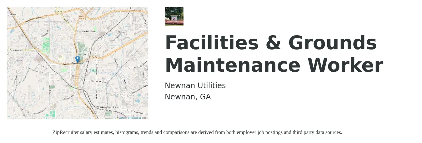 Newnan Utilities job posting for a Facilities & Grounds Maintenance Worker in Newnan, GA with a salary of $14 to $19 Hourly with a map of Newnan location.